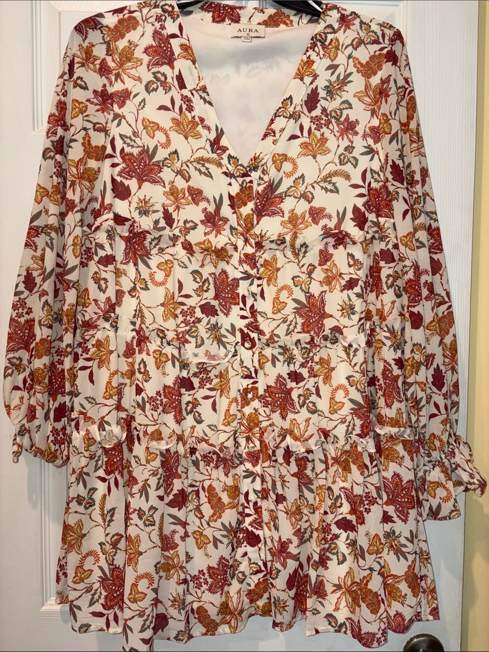 Aura Floral V-Neck Tiered Blouse in Cream with Rust and Mustard, Large